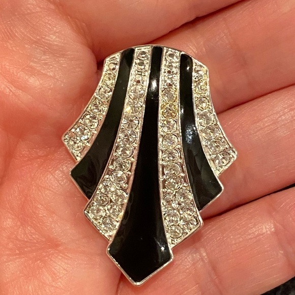 Vintage Avon Art Deco Style Scarf Slide Silver Tone Metal Black Rhinestones - Picture 3 of 6